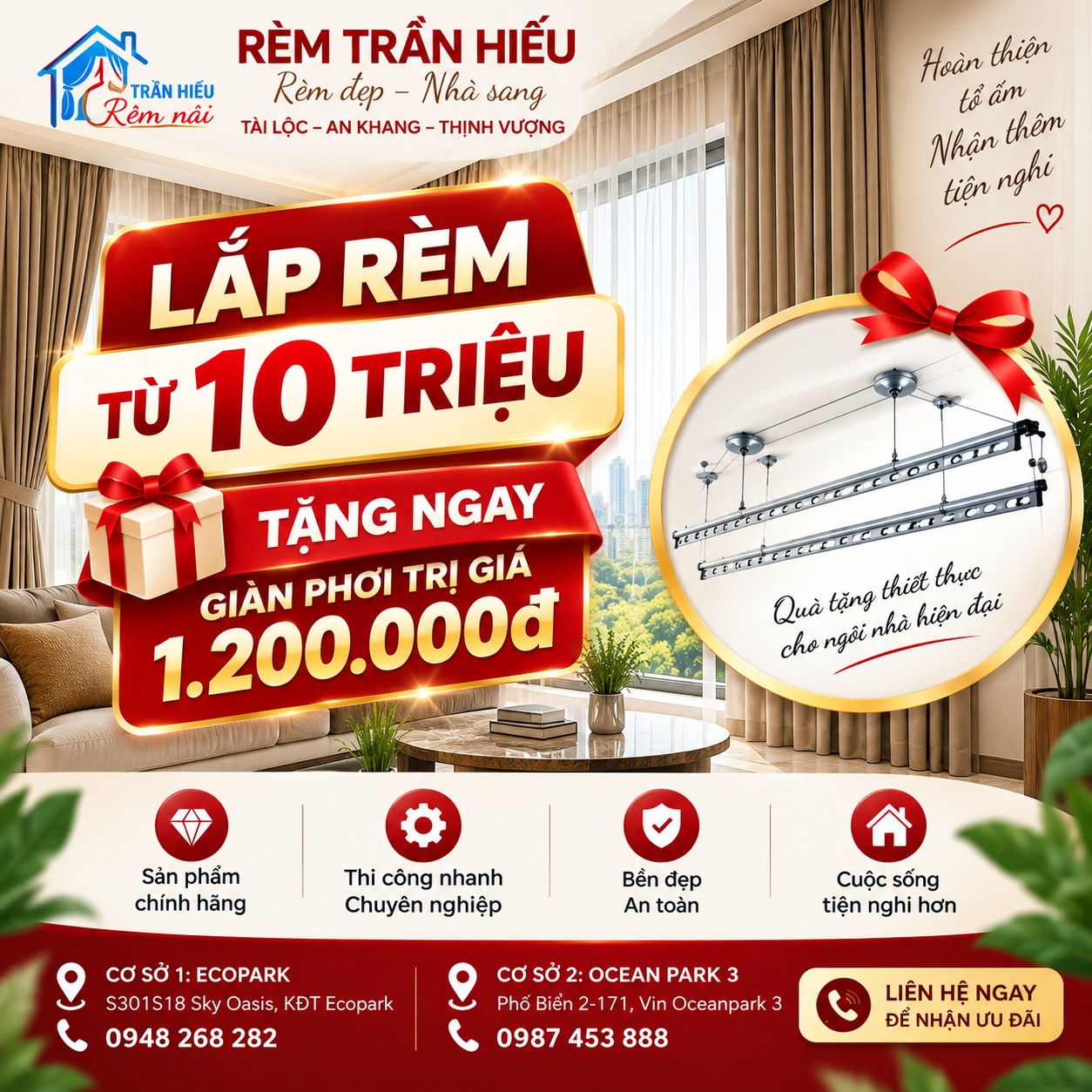 🎁 Rèm Trần Hiếu: Lắp rèm từ 10 triệu – Tặng giàn phơi trị giá 1,2 triệu